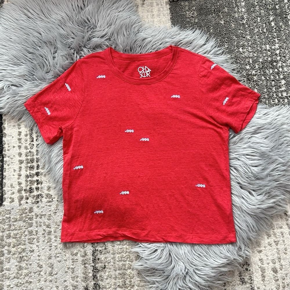 CHASER Womens Small Red Pullover Crew Embroidered Linen Knit T $79